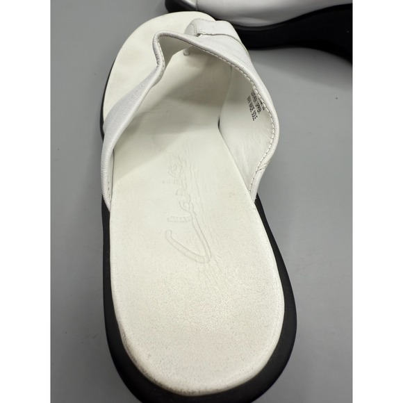 Clarks White Leather Slide Wedge Sandals Womens 7M Black Platform Toe Post - Picture 14 of 14
